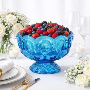 Vintage L.E. Smith Moon & Stars Colonial Blue Glass Footed Compote Candy Dish